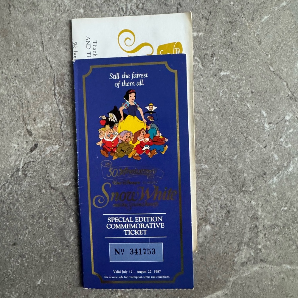 Disney Snow White 50th Anniversary Commemorative Ticket & Medallion Coin - 1987